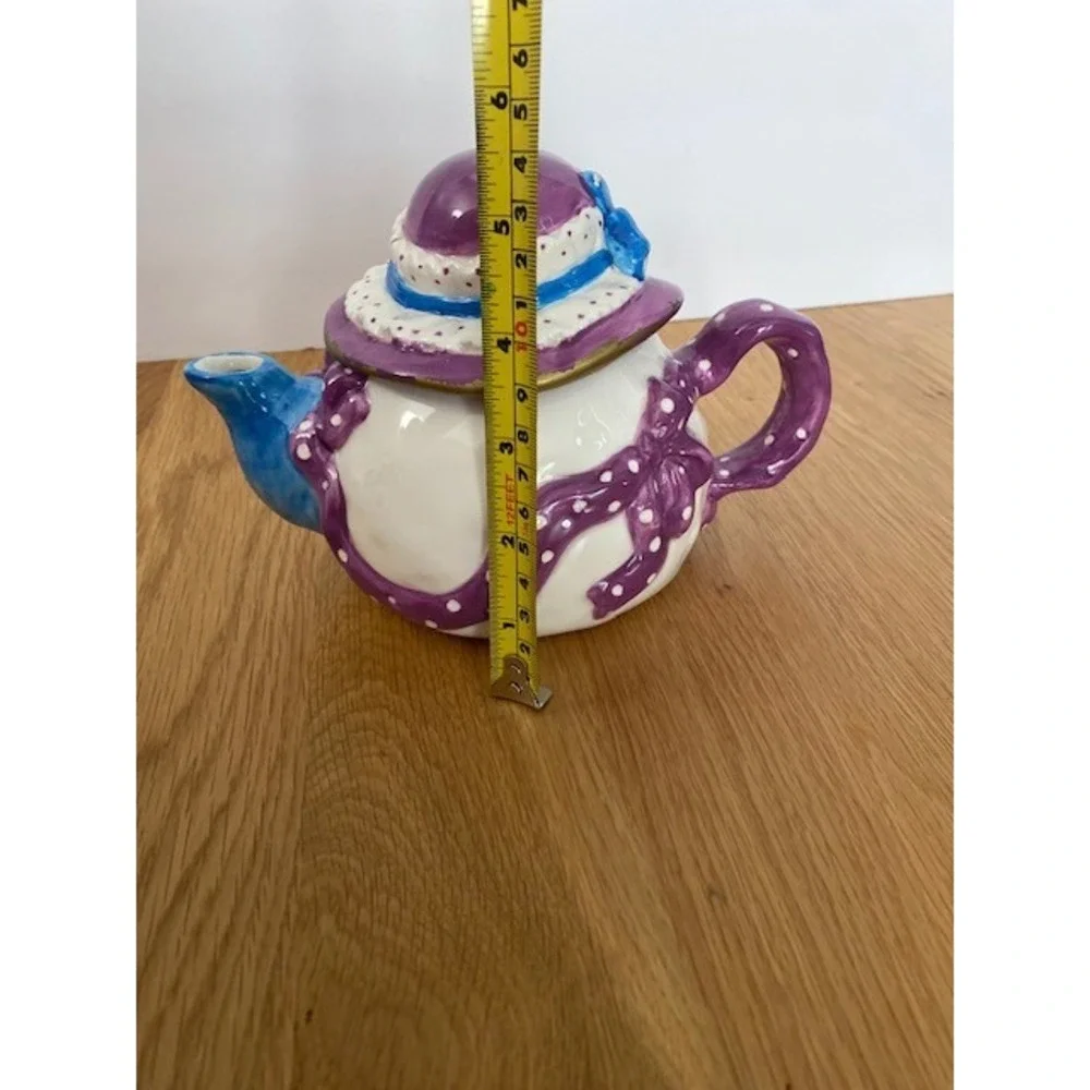 Bella Casa by Ganz Teapot Sun Hat Lid Purple Polka Dot Ribbon White Ceramic Good